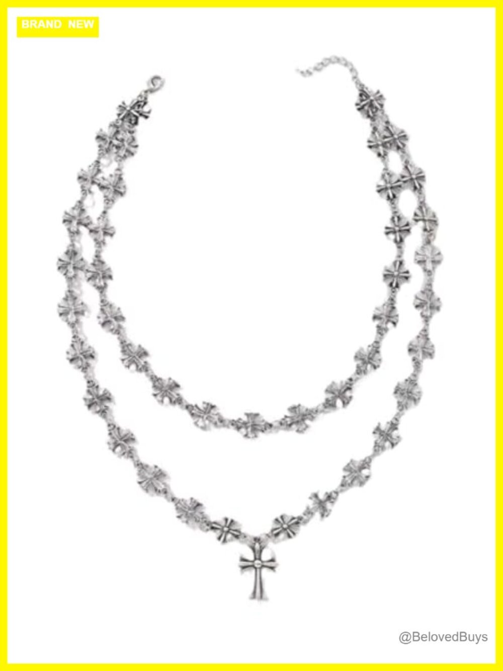 Vintage Gothic Silver Tone Double Strand Cross Pendant Necklace 17in